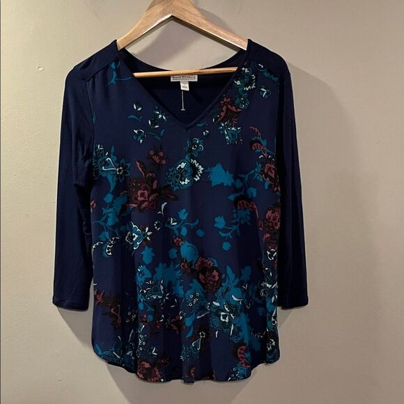 Dana Buchman Navy and Teal Floral Blouse - Picture 1 of 7